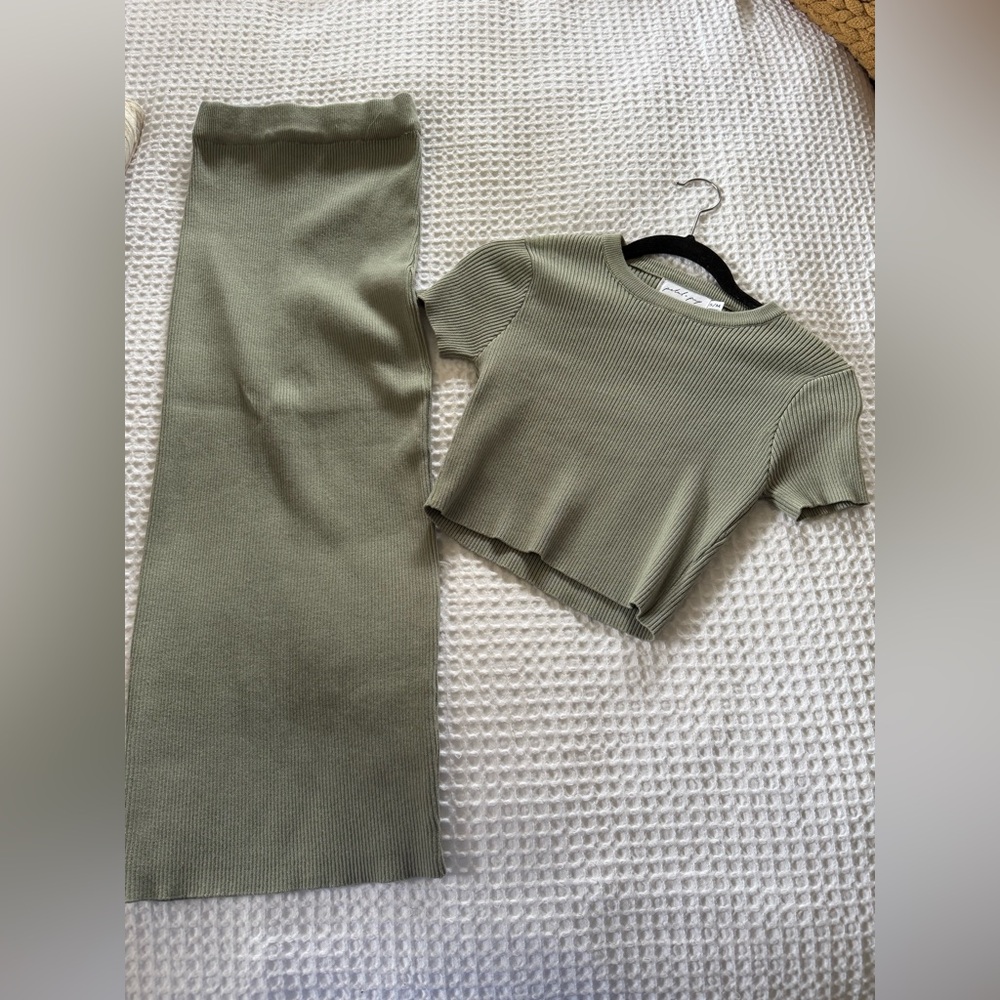 Petal & Pup Olive Green Ribbed Midi Skirt and Crop Top Set